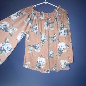 Pink, off the shoulder floral blouse